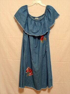 Off-Shoulder Denim Dress with Floral Embroidery - Blue